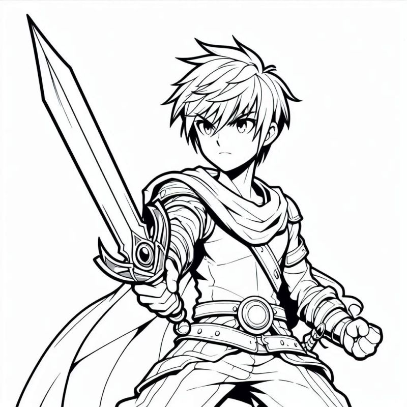 Desenho de jovem guerreiro anime posando para a batalha, pronto para colorir.