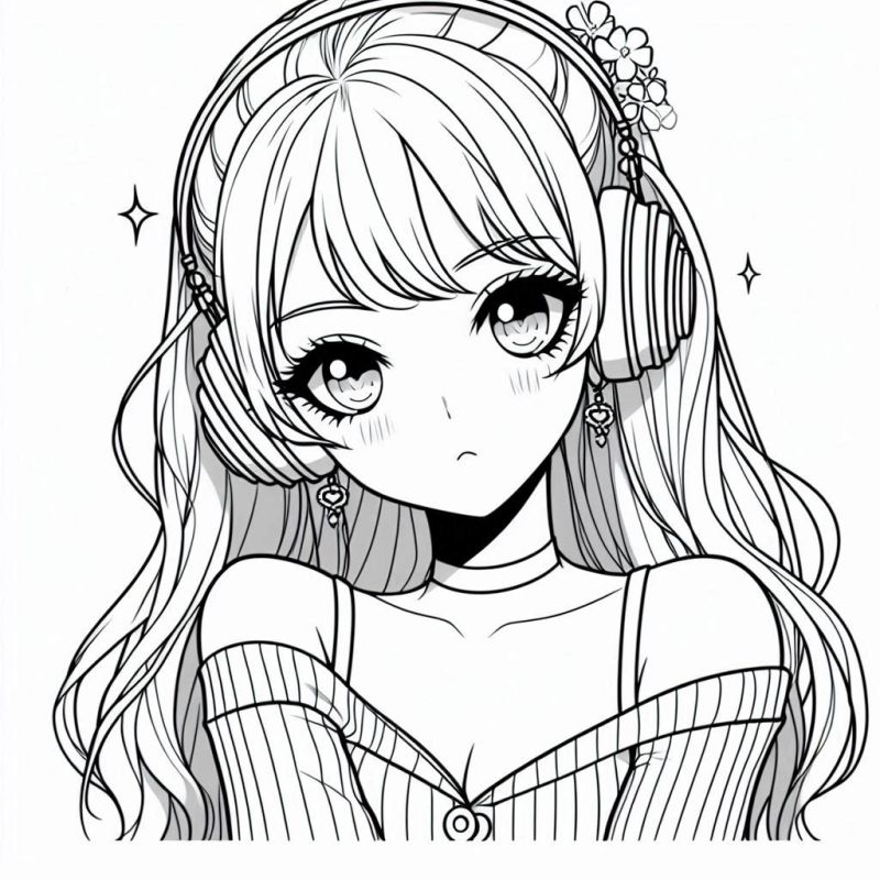 Desenho de uma menina em estilo anime com fones de ouvido e flores no cabelo para colorir