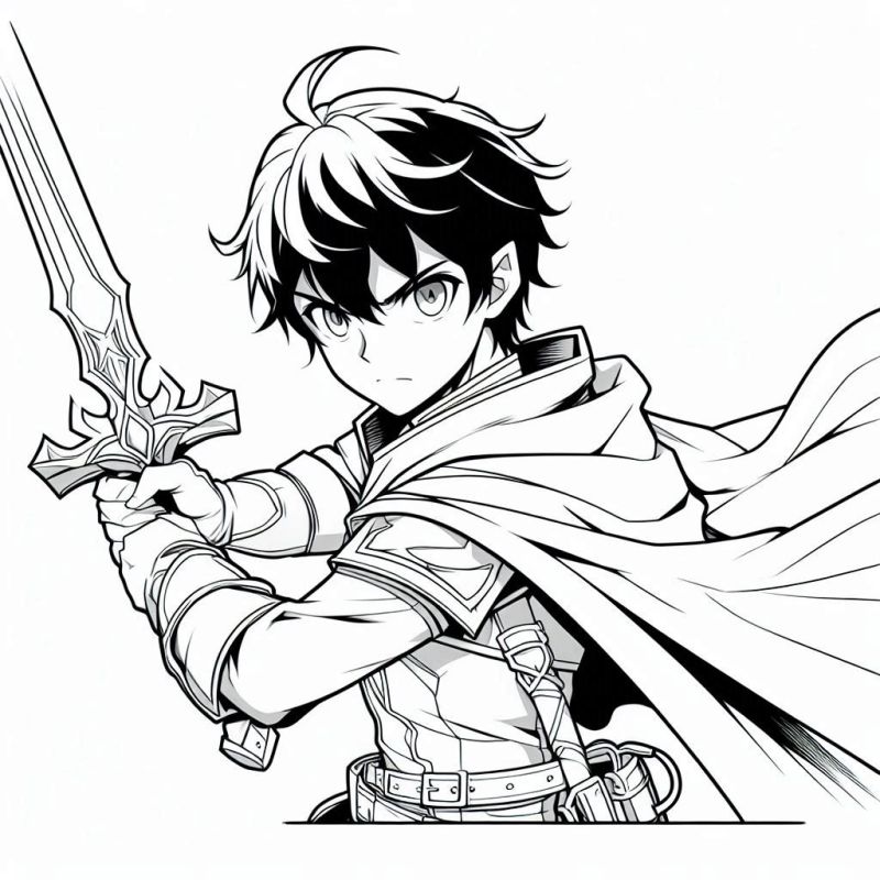 Desenho para colorir de um personagem de anime guerreiro com espada e capa esvoaçante