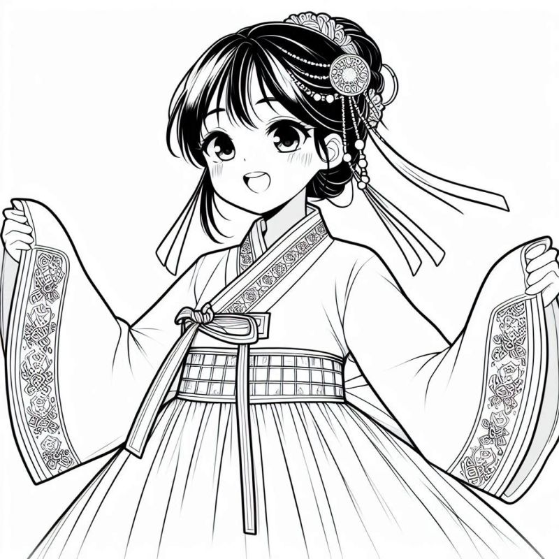 Desenho de Anime com Hanbok para Colorir