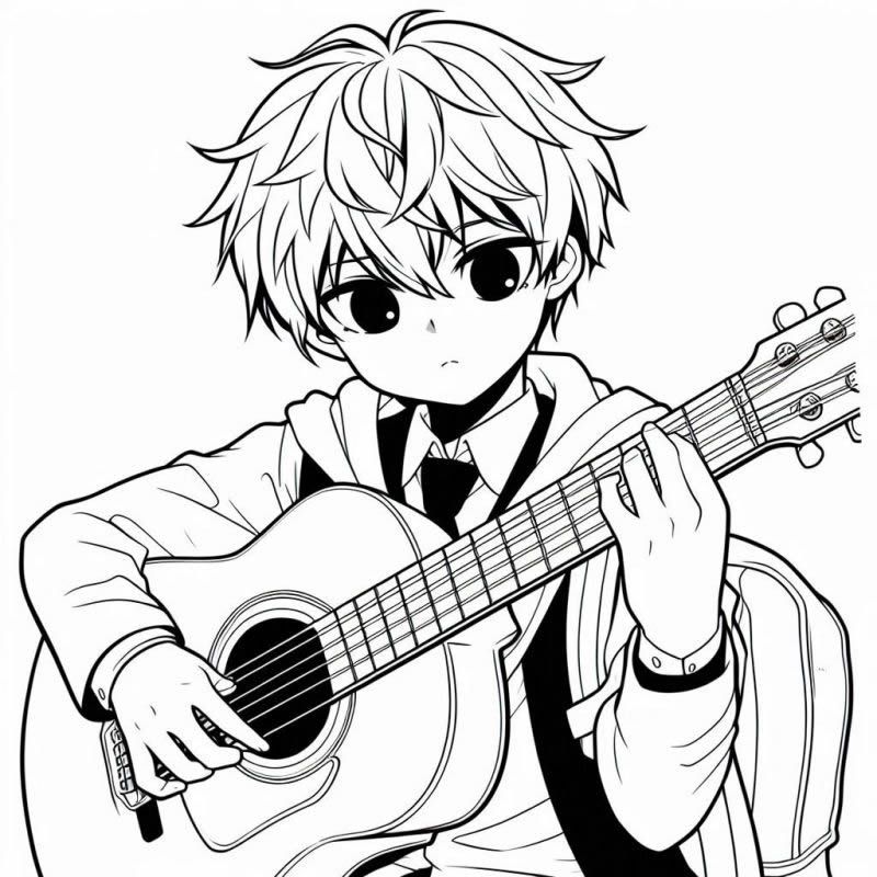 Desenho de Jovem Anime com Violão para Colorir