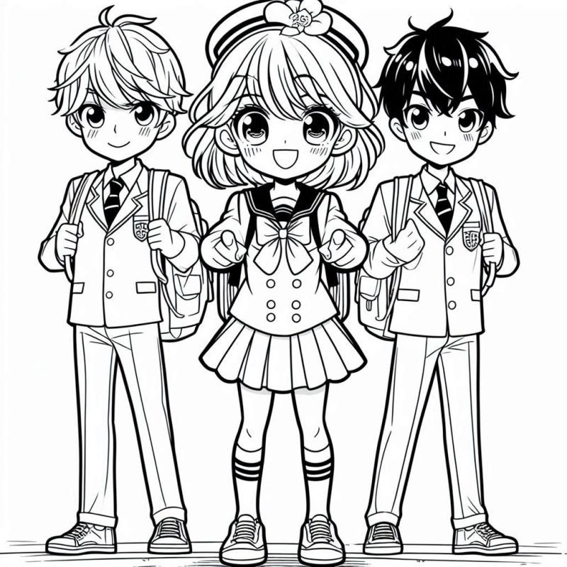 Desenho de estudantes estilo anime em uniformes escolares japoneses para colorir