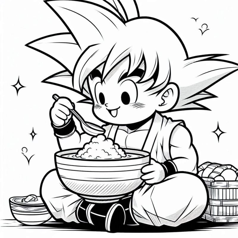 Goku com cabelo espetado, sentado com roupa de artes marciais, segurando uma tigela de comida.