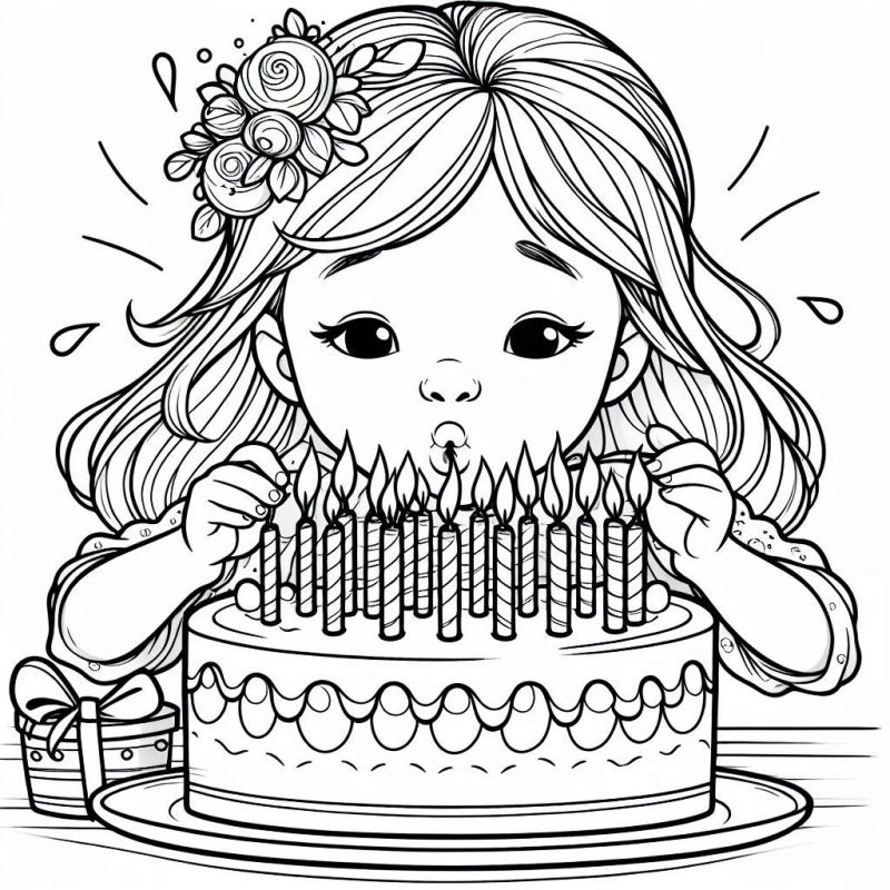 Desenho de uma menina soprando velas de aniversário para colorir