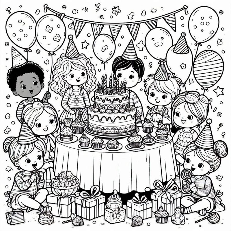 Desenho de Crianças Felizes na Festa de Aniversário para Colorir