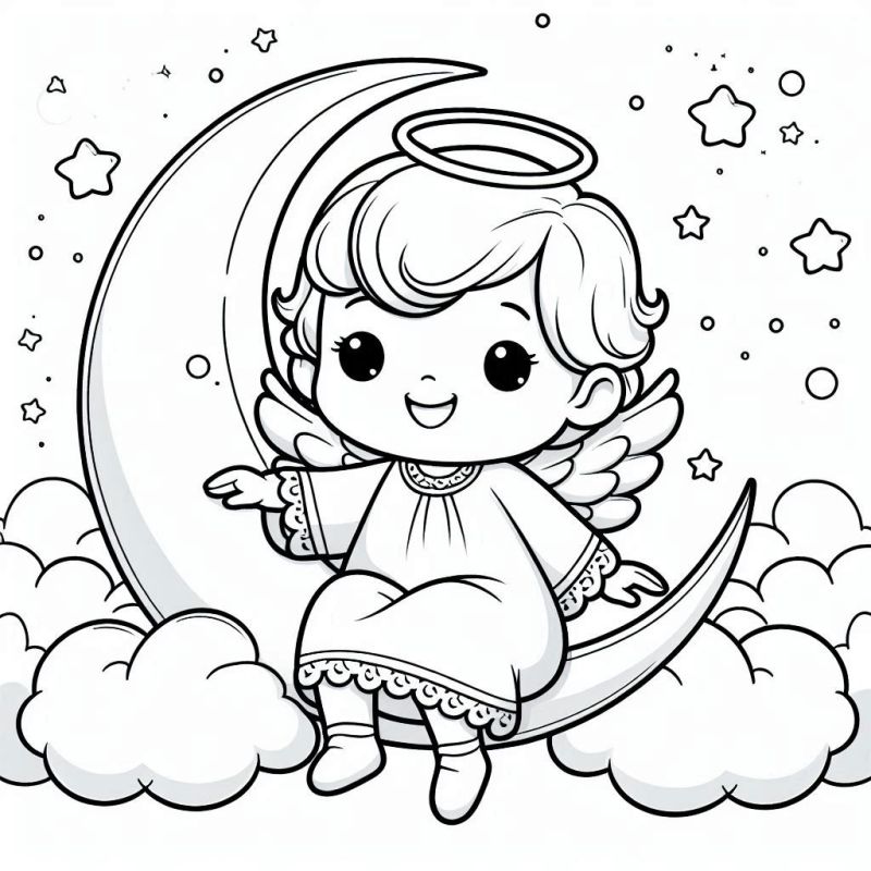 Desenho de anjo bebê sentado em uma lua crescente