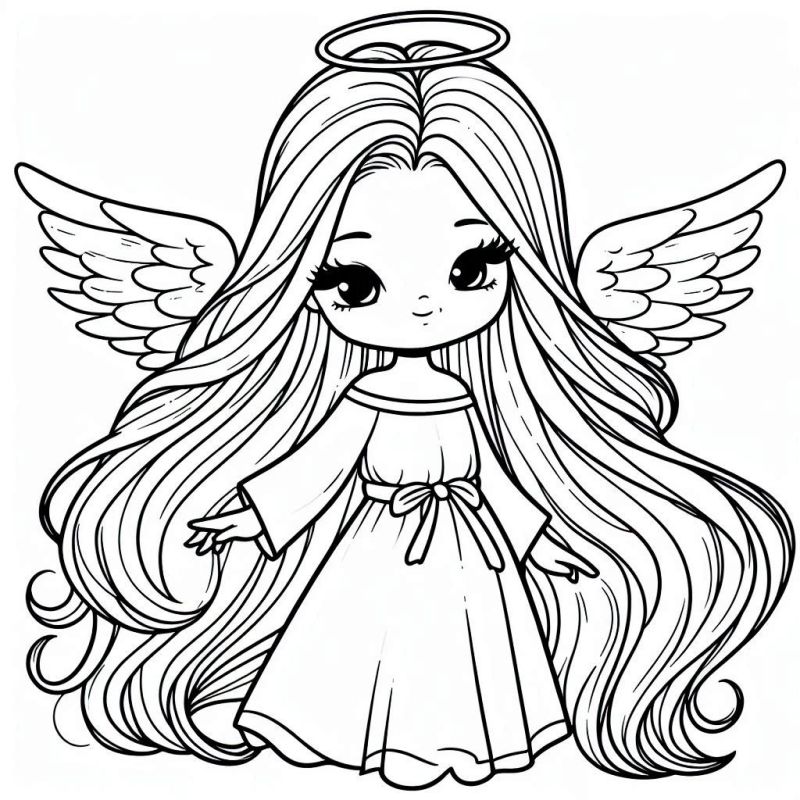 Desenho encantador de anjo para colorir com detalhes e traços delicados