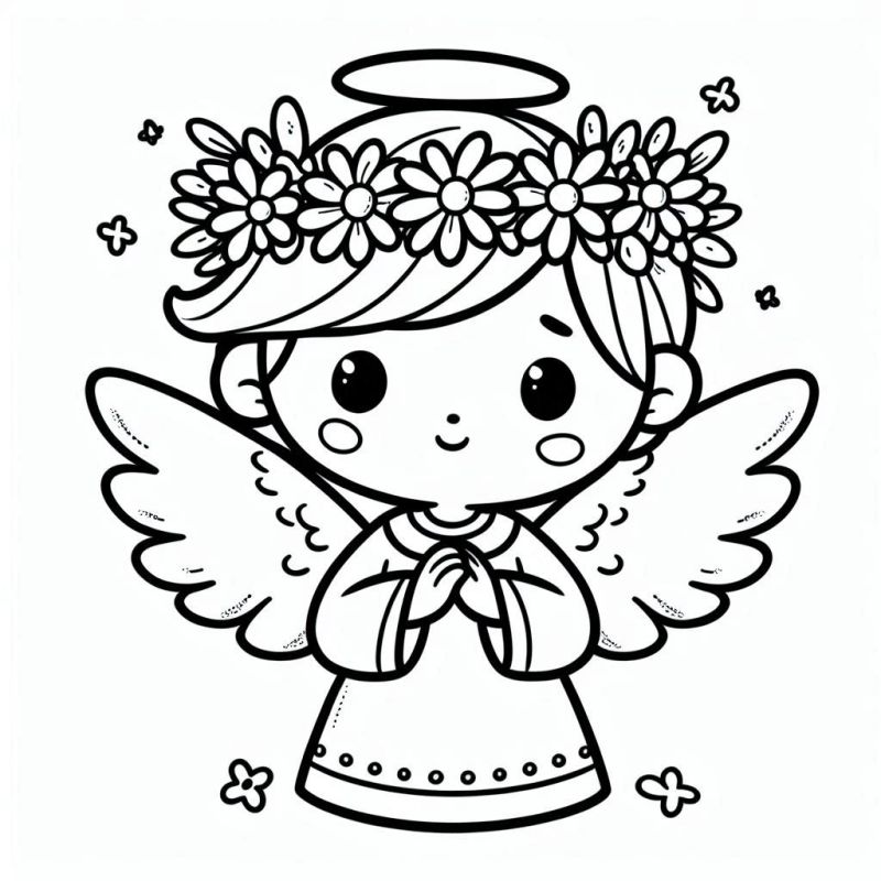 Desenho detalhado de um anjo infantil com coroa de flores e auréola, ideal para colorir.