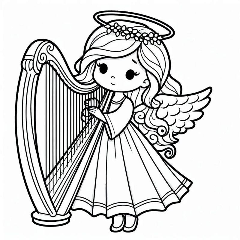 Desenho de um anjo fofo tocando uma harpa para colorir