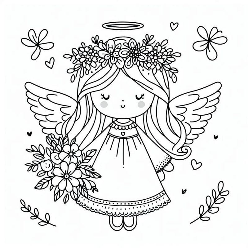 Desenho para colorir de um anjo infantil com coroa de flores