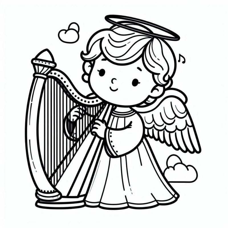 Desenho de Anjo Infantil com Harpa e Halo para Colorir