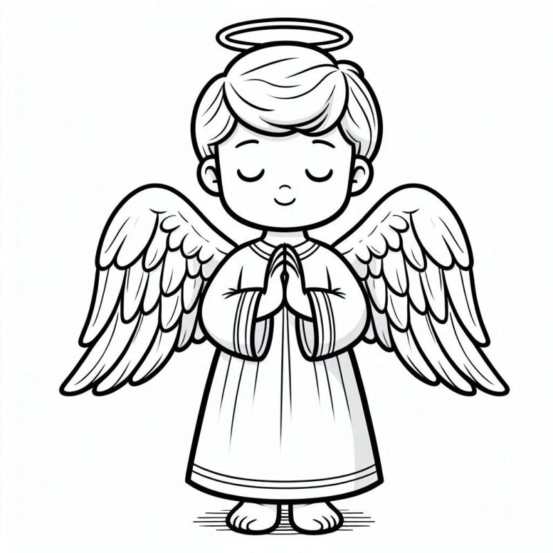 Desenho em preto e branco de um anjo doce e simpático para colorir