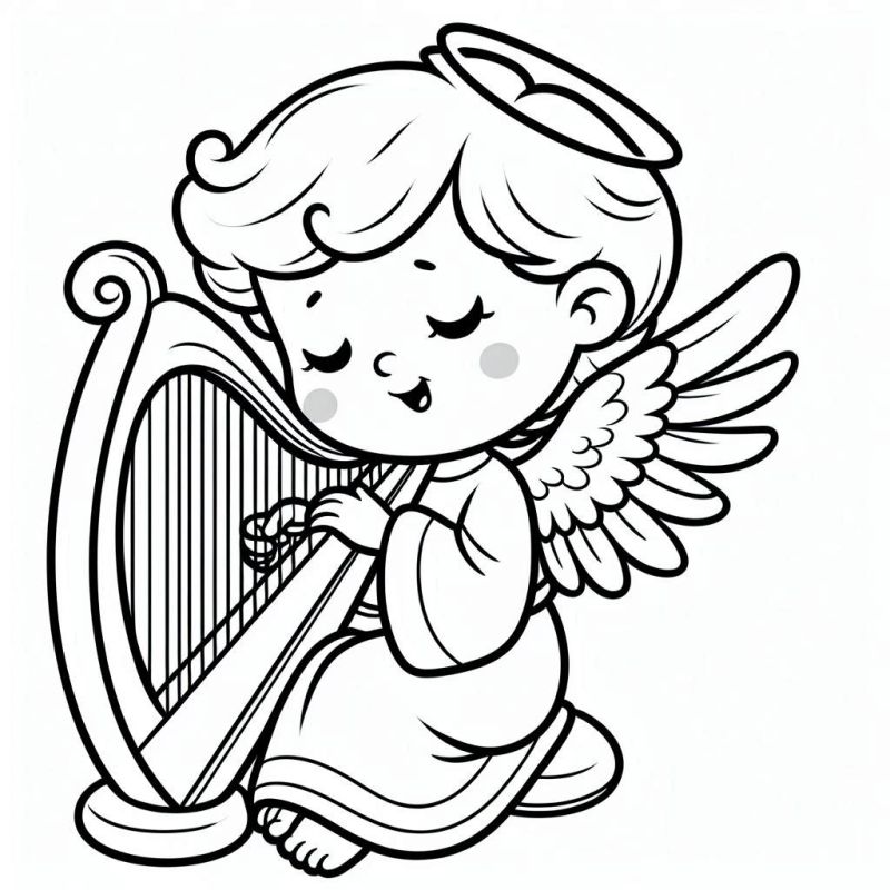 Desenho de anjo infantil sentado tocando harpa para colorir