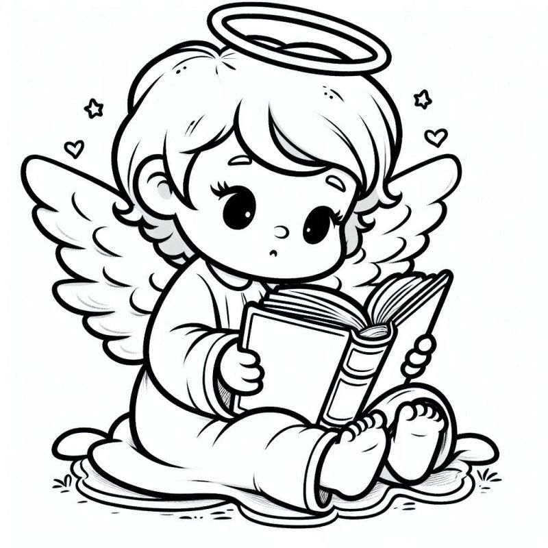 Desenho de Anjo Infantil Sentado na Nuvem para Colorir