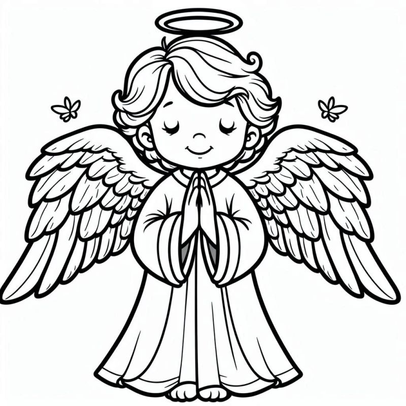 Desenho de anjo infantil para colorir, com detalhes no rosto, asas e borboletas.