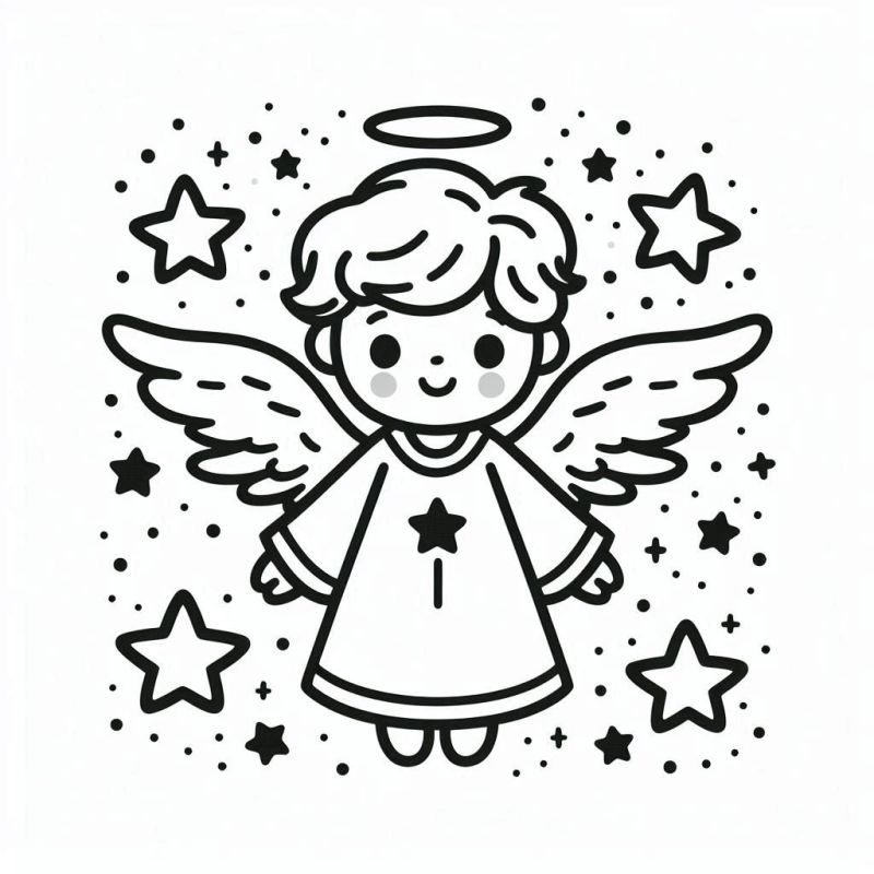 Desenho de anjo simplificado para colorir, com traços cartunescos e amigáveis.