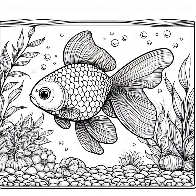 Desenho detalhado de peixe dourado nadando em aquário para colorir