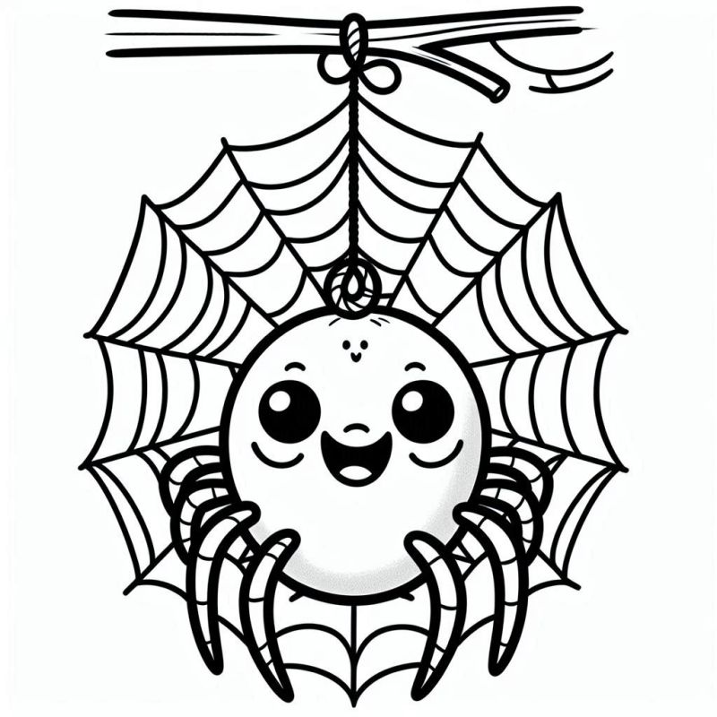 Desenho de aranha sorridente pendurada em teia para colorir