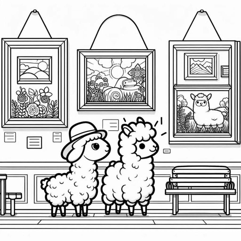 Cena de alpacas observando arte em um museu para colorir