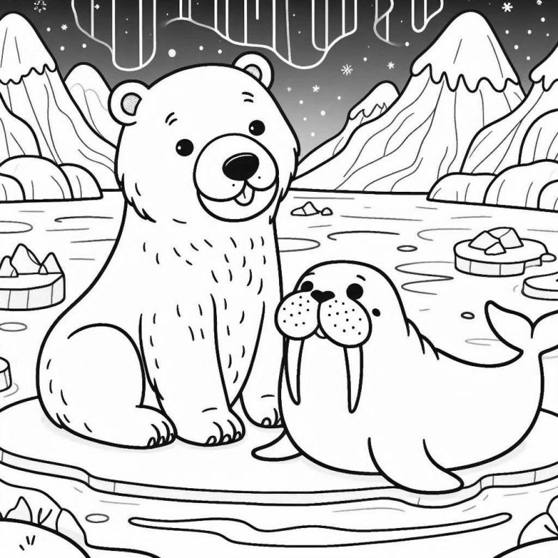 Colorindo a Magia do Ártico: Urso Polar e Morsa