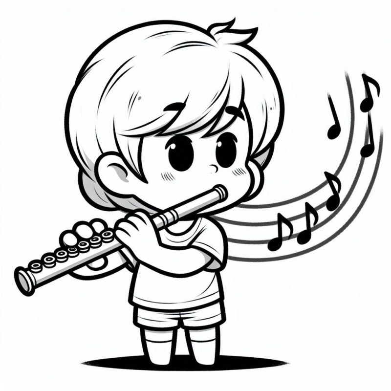 Desenho de Criança Chibi Tocando Flauta para Colorir