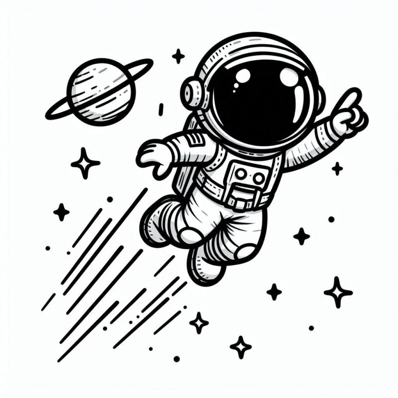 Desenho de um astronauta flutuando no espaço com fundo de estrelas