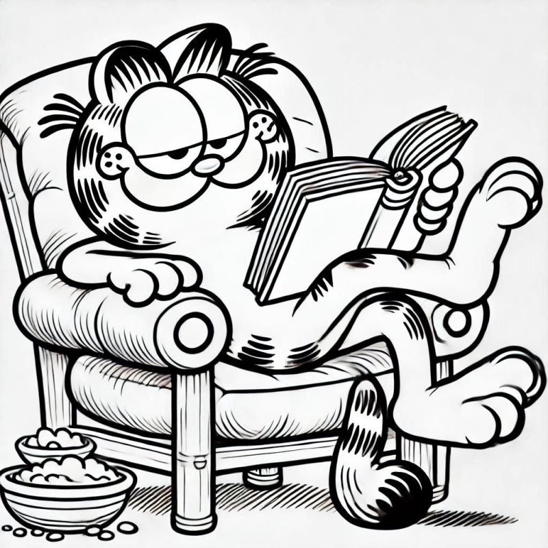 Colorir Garfield Relaxado na Poltrona com Um Livro