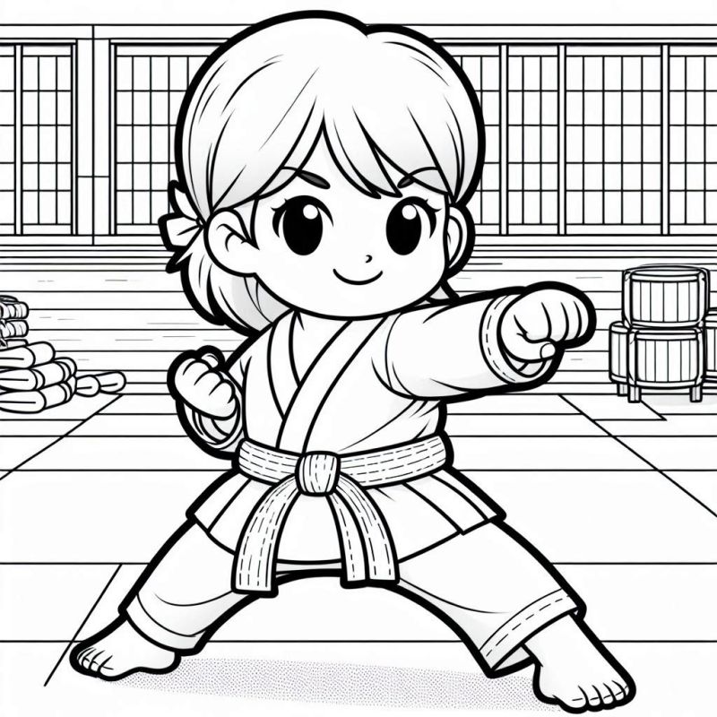 Desenho de personagem chibi praticando artes marciais em um dojo para colorir