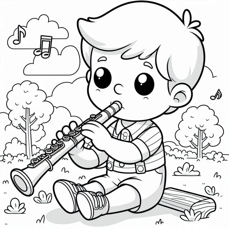 Desenho de Criança Tocando Clarinete no Parque para Colorir