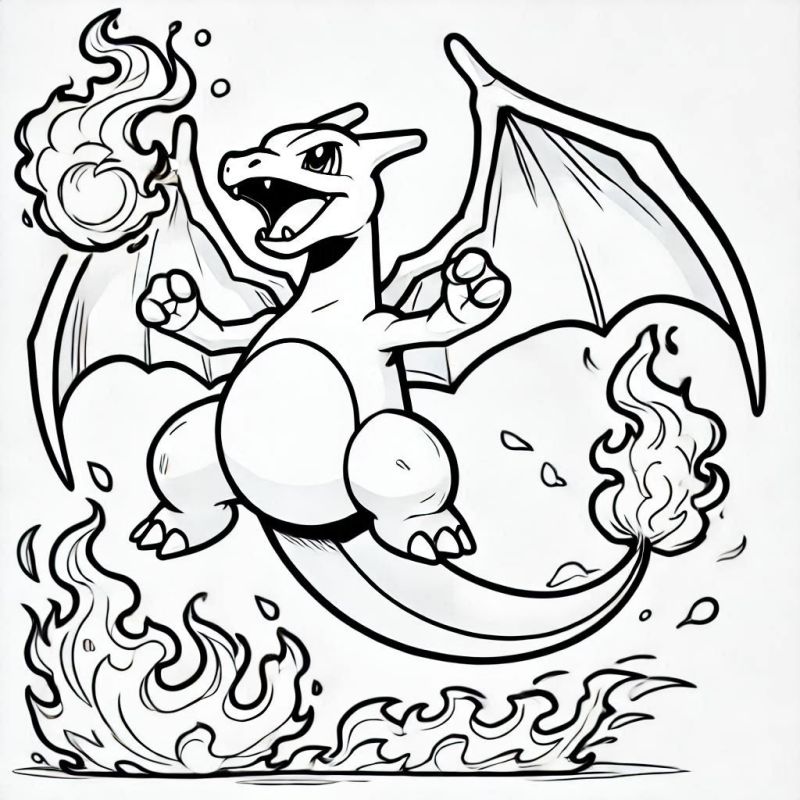 Desenho do Pokémon Charizard em ação lançando fogo