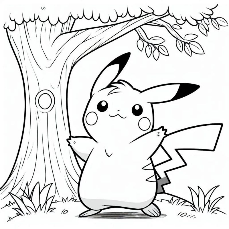 Desenho de Pikachu sob uma árvore para colorir