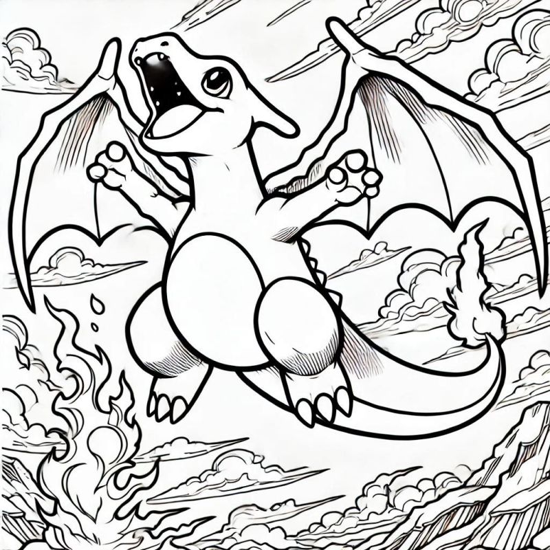 Desenho do Pokémon Charizard voando e soltando fogo