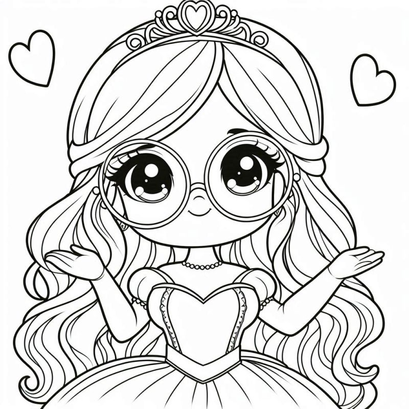 Desenho de princesa com óculos e diadema para colorir