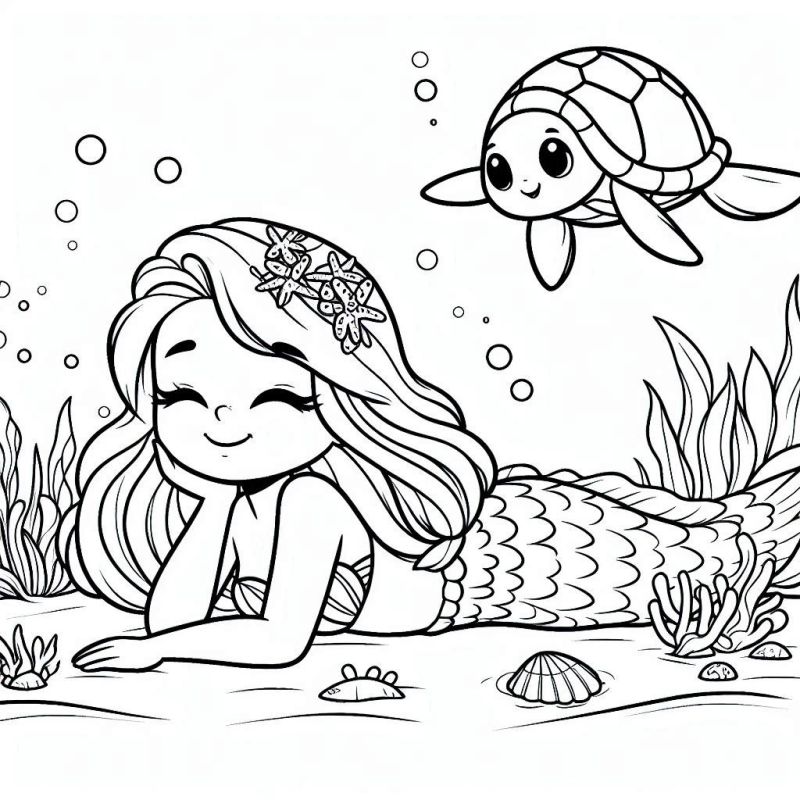 Desenho de Sereia Adorável no Fundo do Mar para Colorir