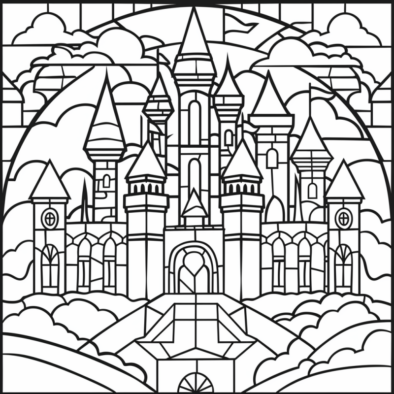 Desenho Intrincado de Castelo para Colorir em Estilo Vitrais