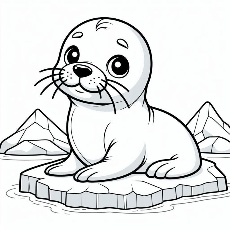 Desenho para colorir de um filhote de foca sentado em um bloco de gelo no Ártico, com icebergs ao fundo.