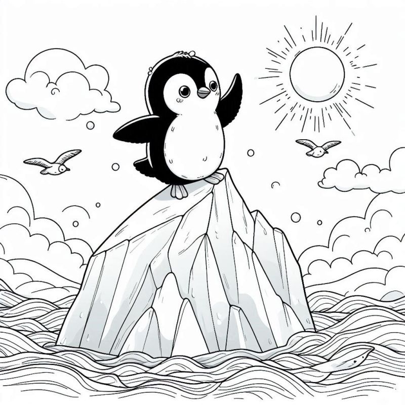 Desenho de Pinguim na Geleira com Sol e Pássaros para Colorir