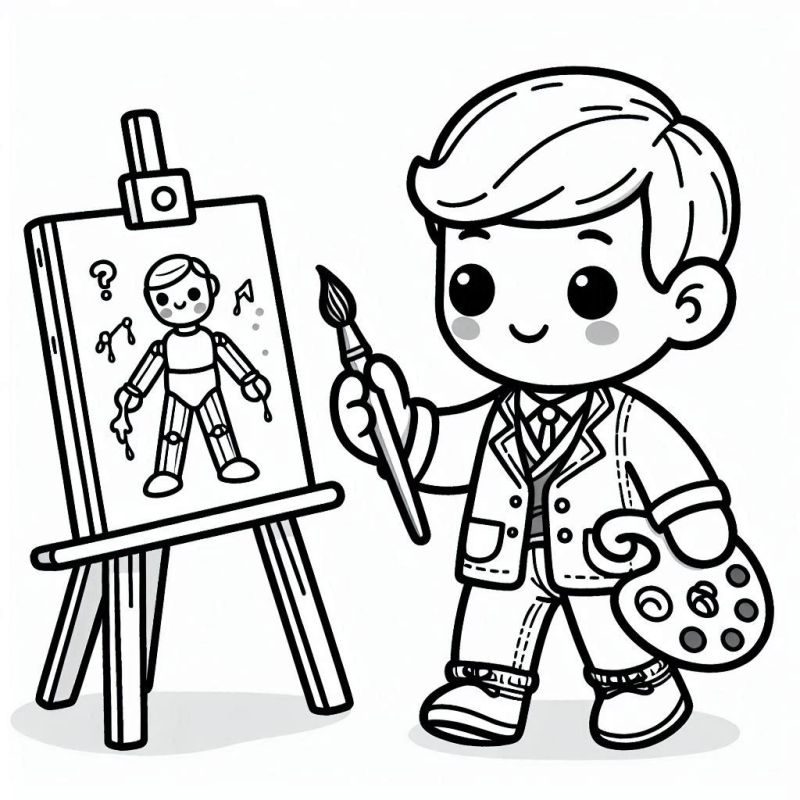 Desenho de Menino Artista com Cavalete para Colorir