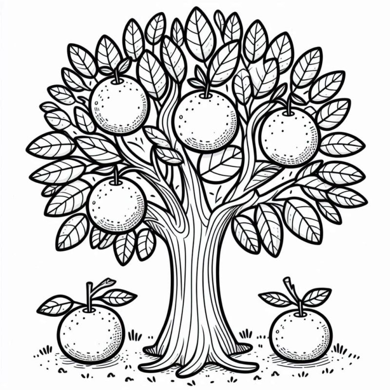 Desenho de uma laranjeira frutífera em preto e branco para colorir