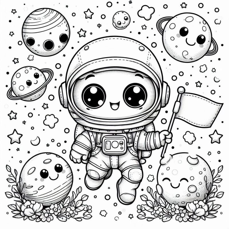 Desenho de um adorável astronauta chibi com planetas felizes e elementos celestiais para colorir. Perfeito para crianças!