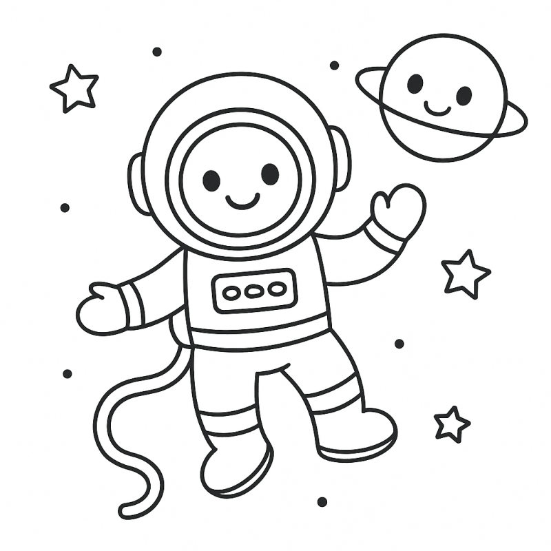 Desenho de Astronauta Alegre e Planeta Sorridente para Colorir