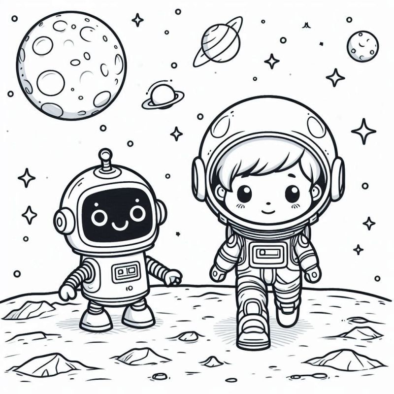 Desenho para Colorir: Criança Astronauta e Robô na Lua