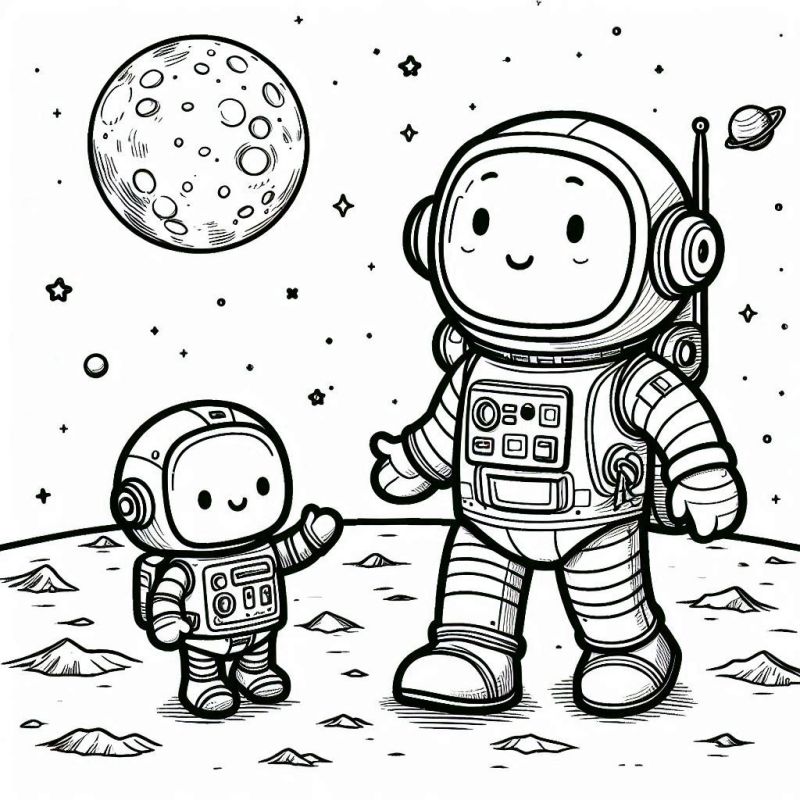 Desenho para Colorir de Astronautas Amigáveis no Espaço