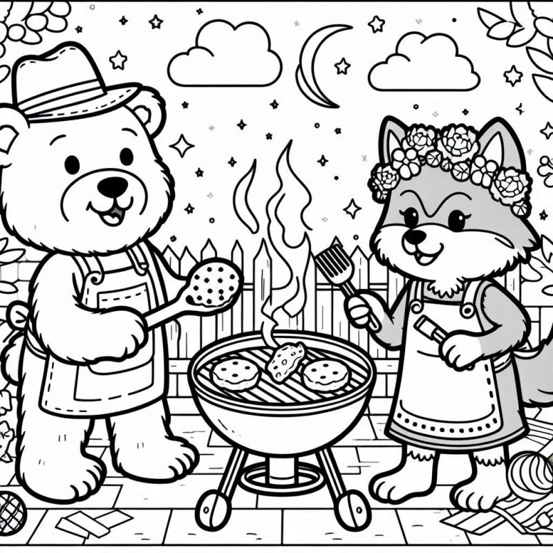 Urso e raposa fazendo churrasco noturno, divertidos e prontos para colorir.