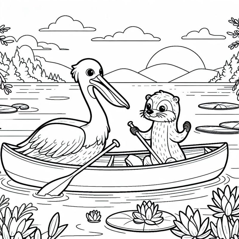 Desenho de Pelicano e Lontra no Lago para Colorir