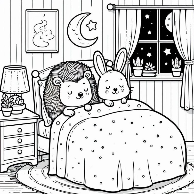 Desenho para colorir de um ouriço e um coelho dormindo em um quarto aconchegante à noite