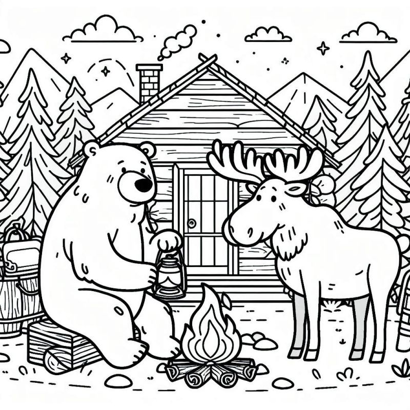 Desenho de urso e alce em uma floresta para colorir