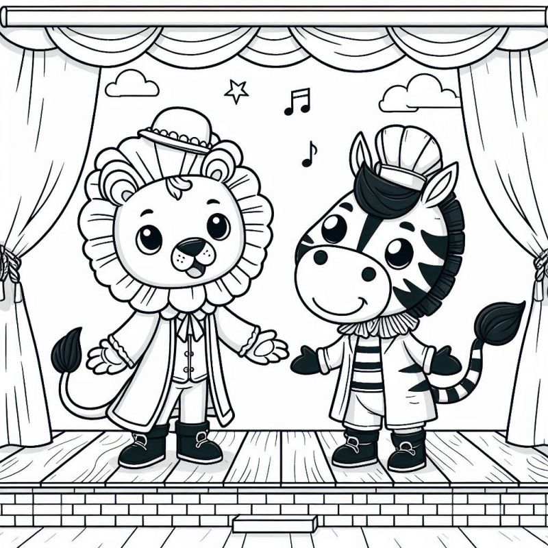 Leão e Zebra Brilhando no Palco: Um Desenho para Colorir