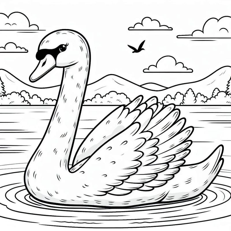 Desenho de um cisne majestoso flutuando na água para colorir