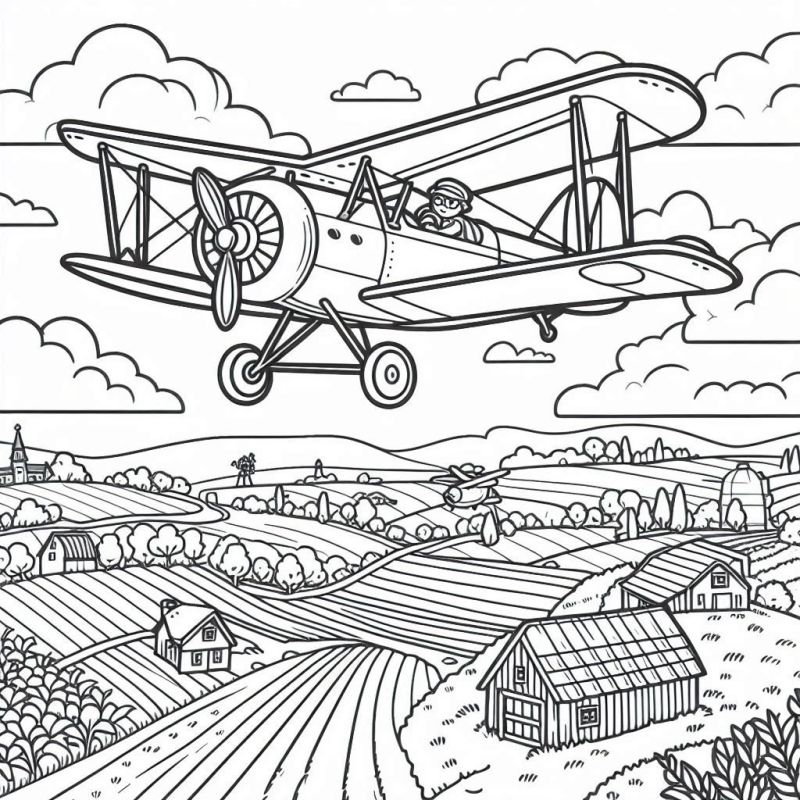 Desenho detalhado de um avião biplano clássico voando sobre uma paisagem rural com celeiros e árvores ao fundo